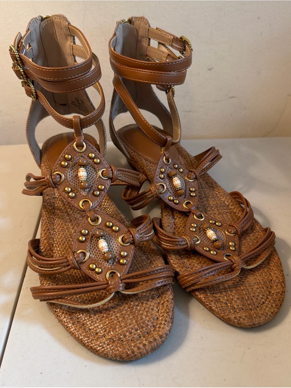 Sam Edelman Tan Brown Beaded Gladiator Sandals Size 8